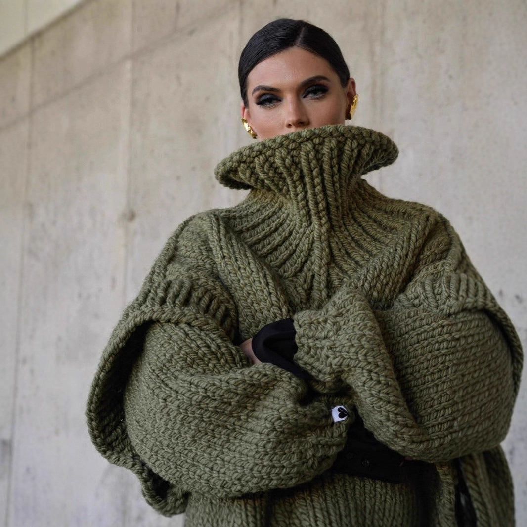 Streetwave Oversized Knit Sweater For Women With High Collar And Voluminous Sleeves Cozy Warm Wool