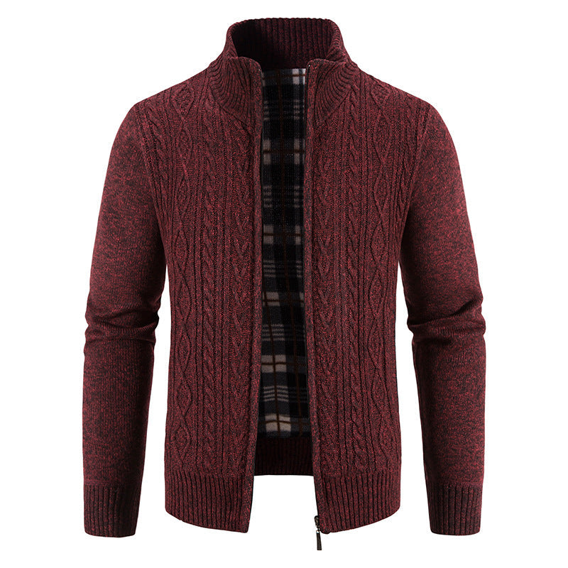 Street-wave Men's Knit Cardigan With High Collar And Textured Pattern For Smart Casual Wear