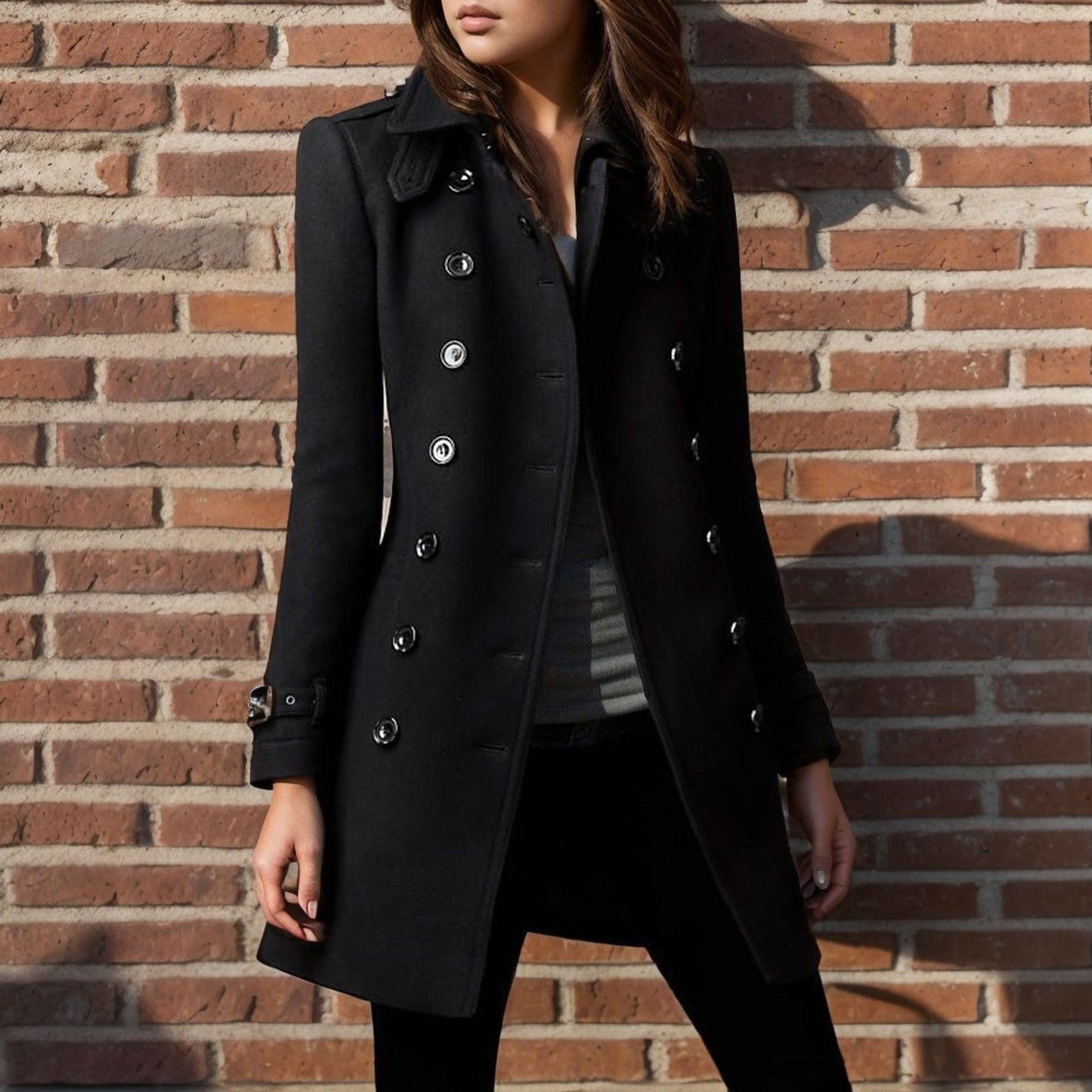 Street-wave Women's Double-Breasted Wool Coat With Stylish Button Design For Elegant Winter Outerwear