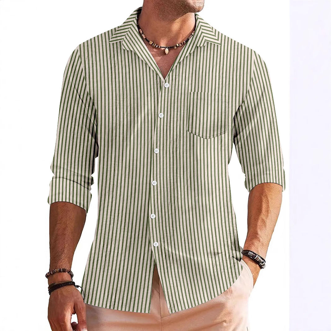 Street-Wave Men's Long Sleeve Shirt Regular Fit Striped Pattern Chest Pocket Breathable Material