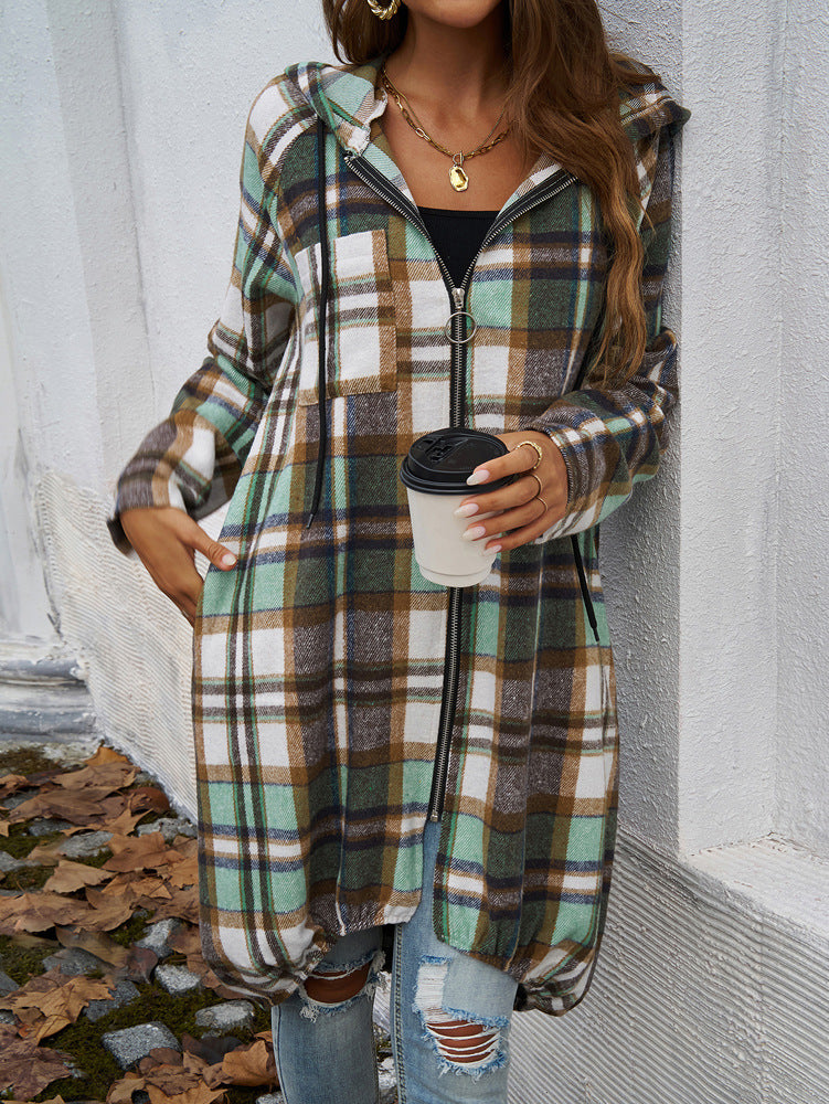 Street-wave Plaid Zip Hoodie Longline Jacket For Women Comfort Everyday Outerwear