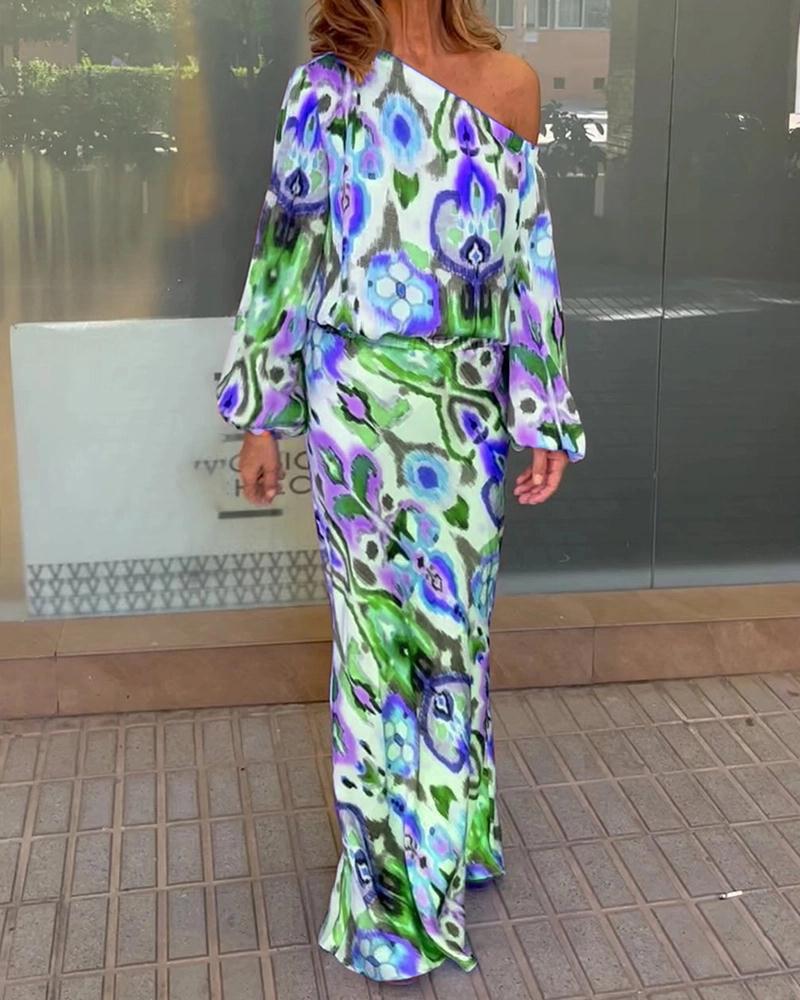 Street Wave Graphic Batik Maxi Dress Off Shoulder With Puffy Sleeves For Women Elegant Occasion