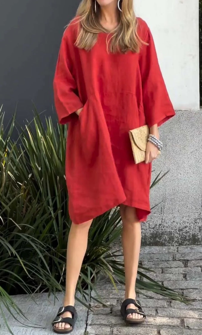 Street-Wave Womens Linen Dress With Pockets And Asymmetric Hem For Summer Style Essentials