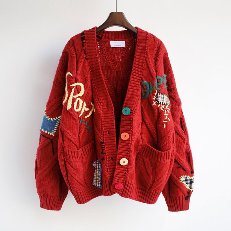 Street-Wave Women Oversized Knit Cardigan With Colorful Appliques For Versatile Style