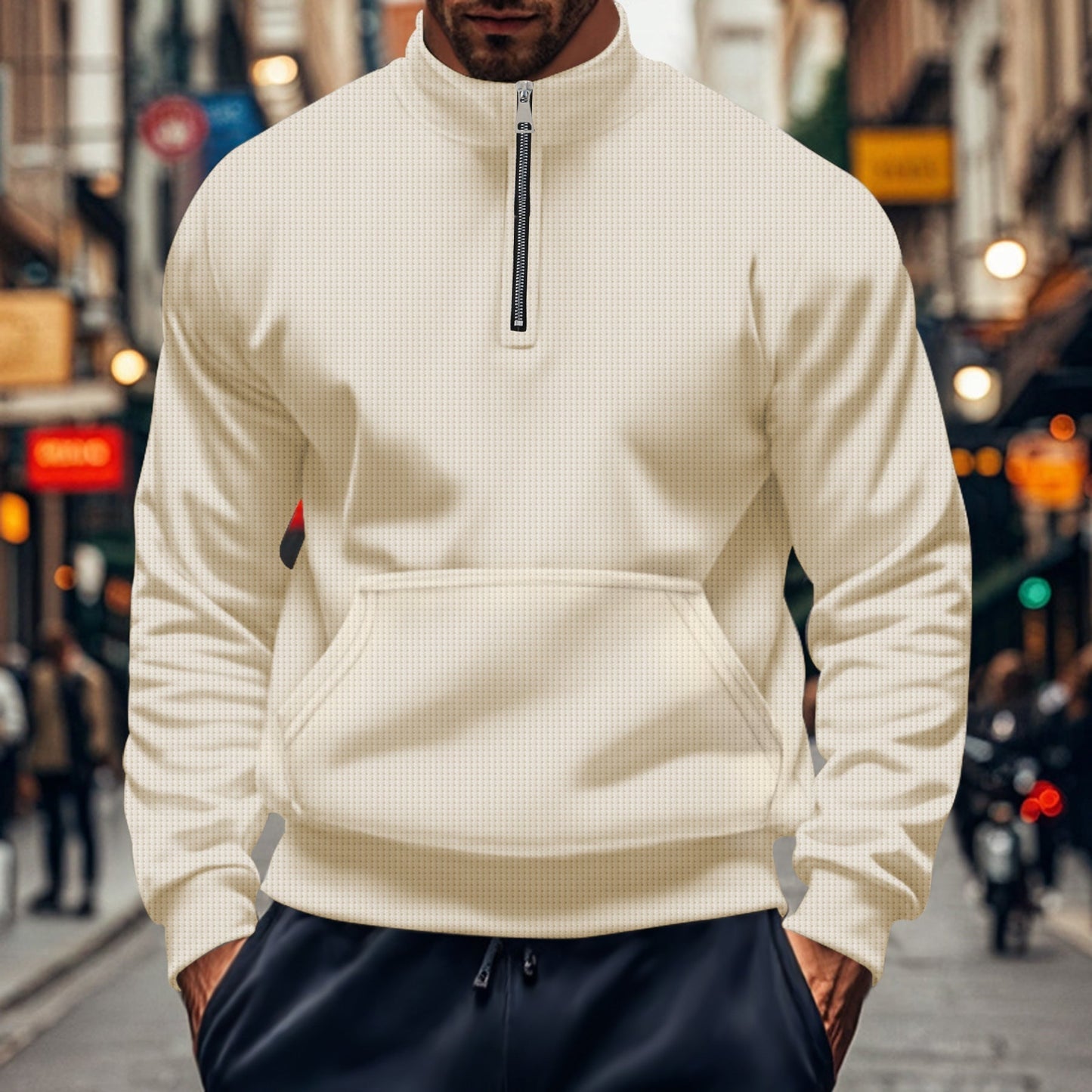 Street-Wave Mens Sweatshirt Relaxed Fit Half Zip Kangaroo Pocket Cotton Knit Ribbed Trim For Everyday Wear