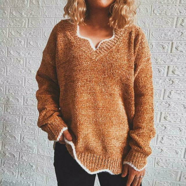 Street-wave Cozy Knit Pullover For Women With Soft Touch V Neck Lightweight Cotton Polyester Blend