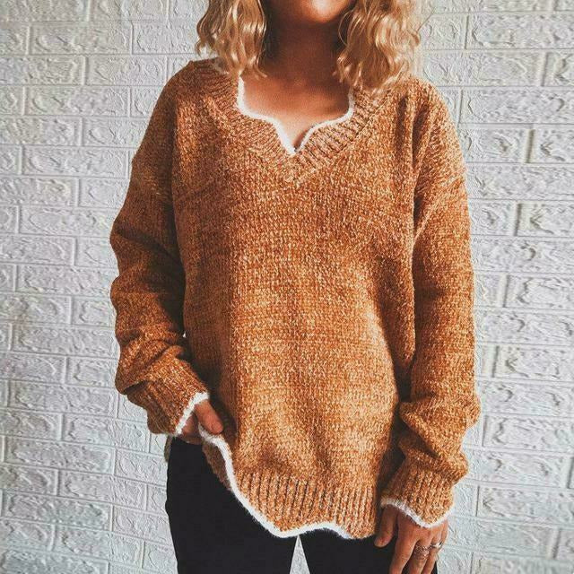 Streetwave Womens Soft Knit Pullover Cozy Casual Fall Layering Scalloped V Neck Essentials