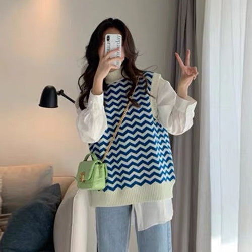 Street-wave Womens Knit Sweater With Zigzag Pattern And Elegant Collar For Modern Women