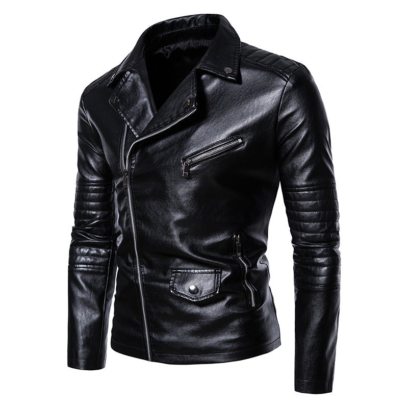 Street-wave Men's Leather Biker Jacket With Asymmetrical Zip And Cargo Pockets For Everyday Streetwear