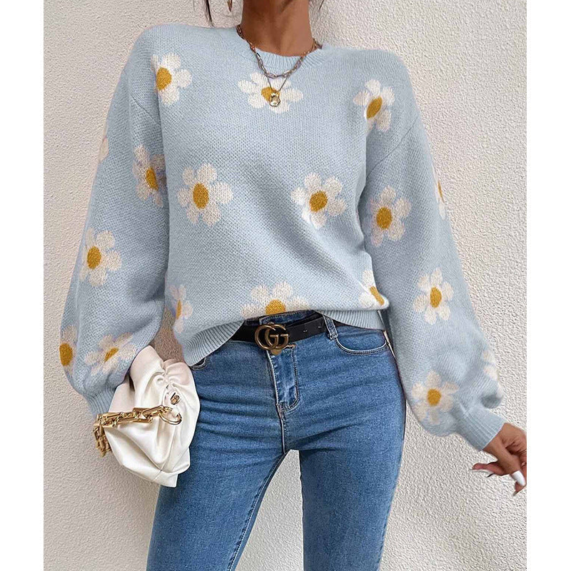 Street-Wave Floral Daisy Sweater For Women With Soft Cotton Knit And Voluminous Sleeves