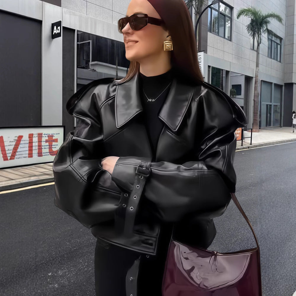Street-Wave Oversized Faux Leather Jacket With Statement Cuffs For Women, Chic Streetwear Essential