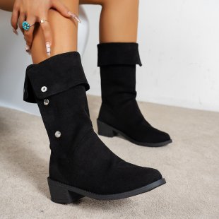 Street-wave Women Suede Knee-High Boots With Button Details For Elegant Comfort And Winter Style