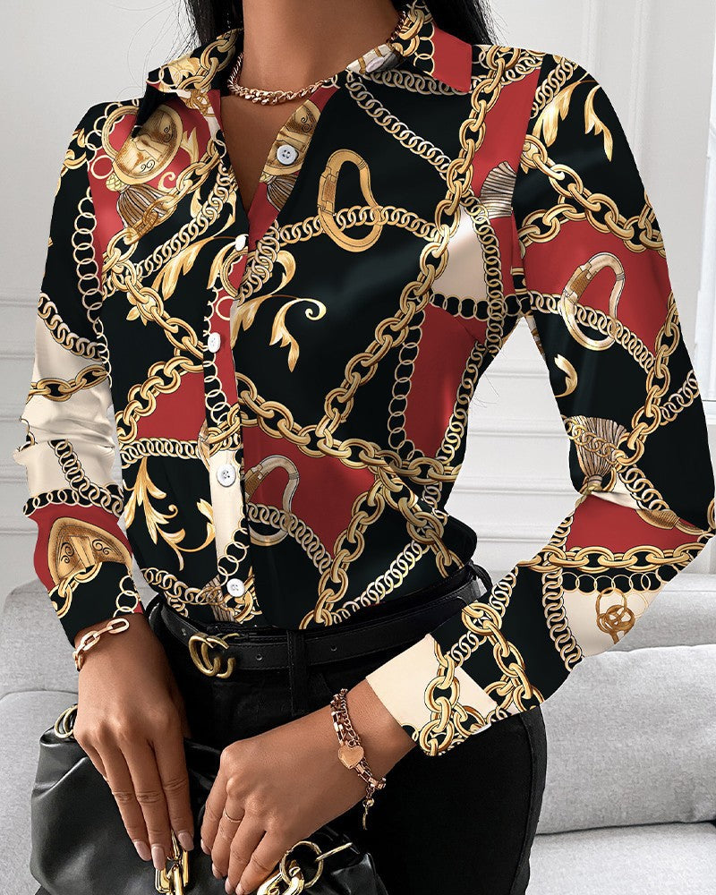 Street-wave Women Chain Pattern Blouse With Elegant Chain Motif For Stylish Everyday Wear