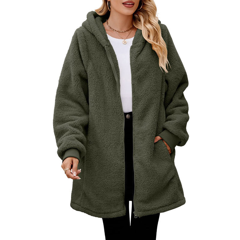 Street-Wave Womens Cozy Fleece Jacket With Hood Oversized Fit Soft Plush Texture Side Pockets