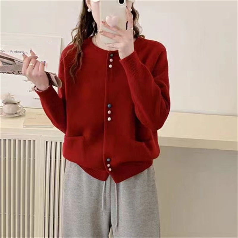 Street-wave Women's Cozy Cardigan With Soft Knit Colorful Buttons And Practical Pockets