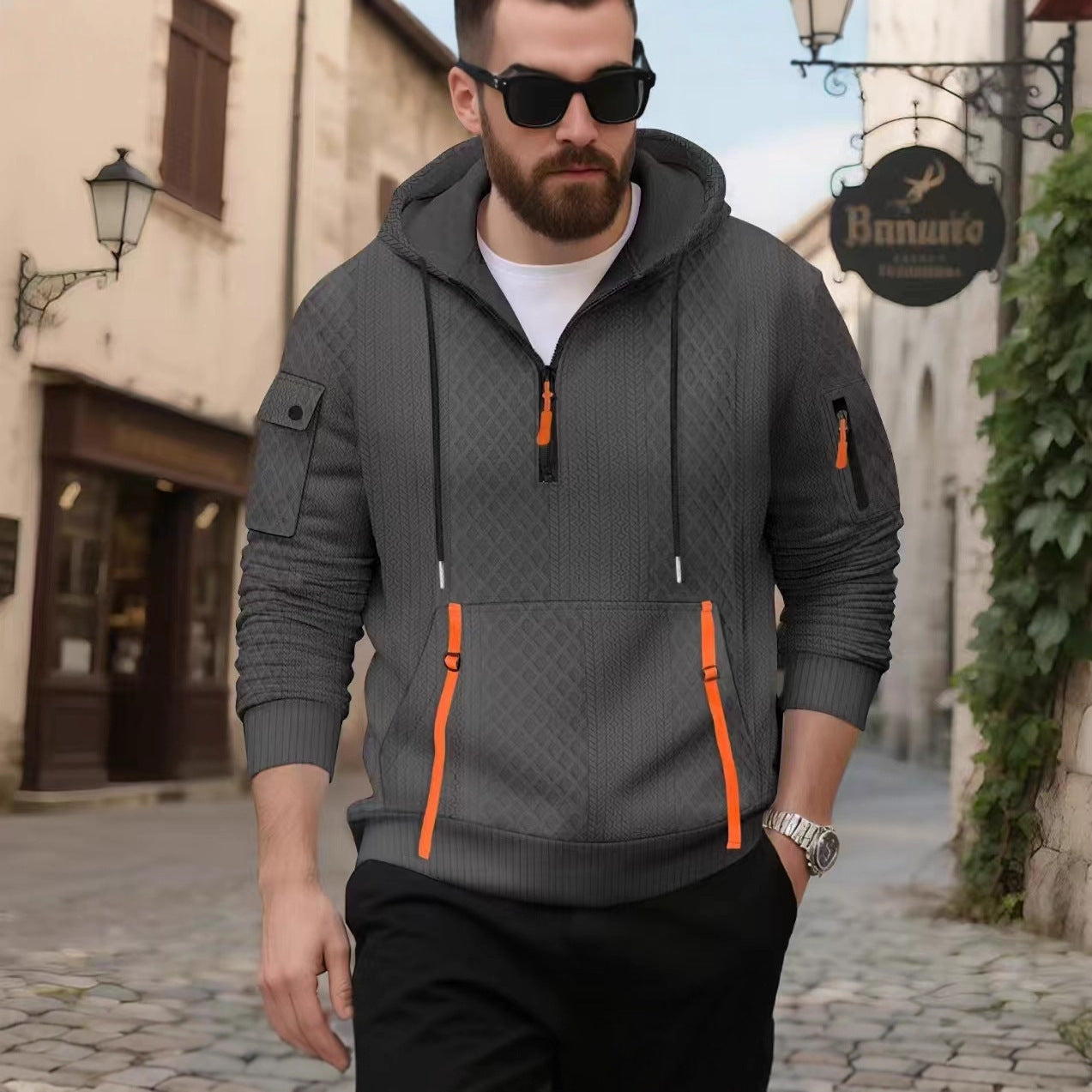 Streetwave Mens Hoodie For Men With Structured Diamond Knit And Practical Zippered Pockets For Everyday Wear