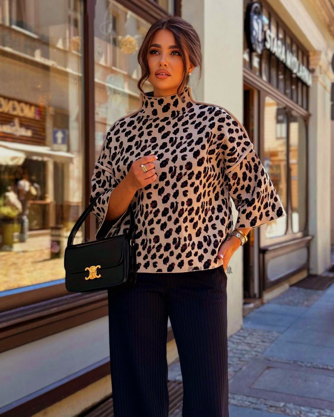 Streetwave Leopard Print Sweater With High Collar For Women Cozy Chic Urban Statement Piece