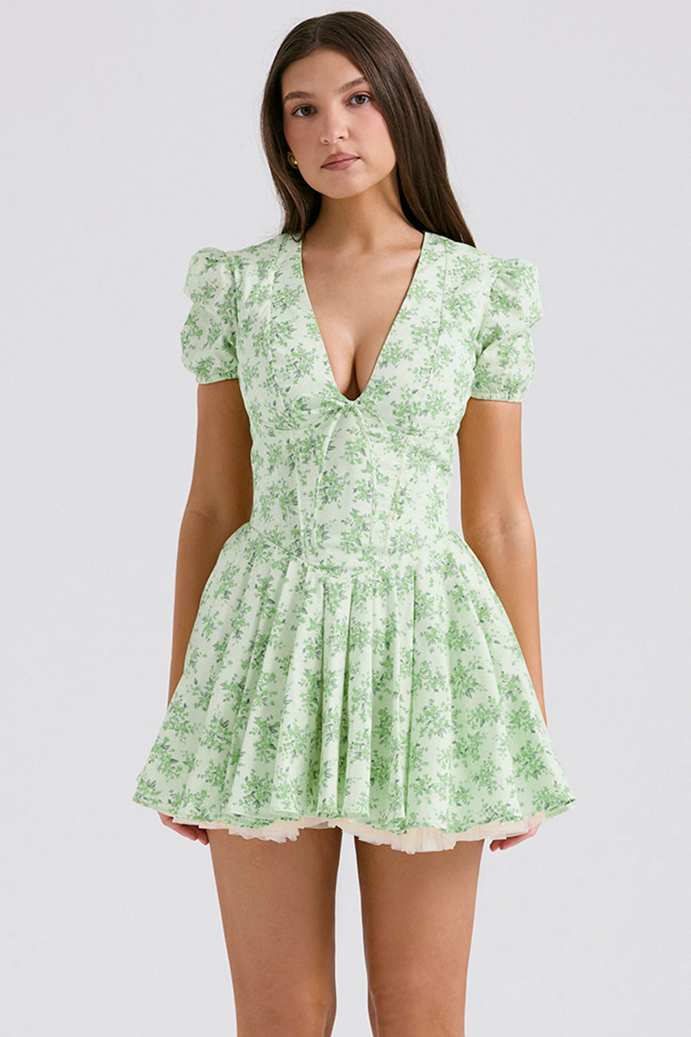 Street-Wave Floral Puff Sleeve Mini Dress V Neck A Line Chic For Women