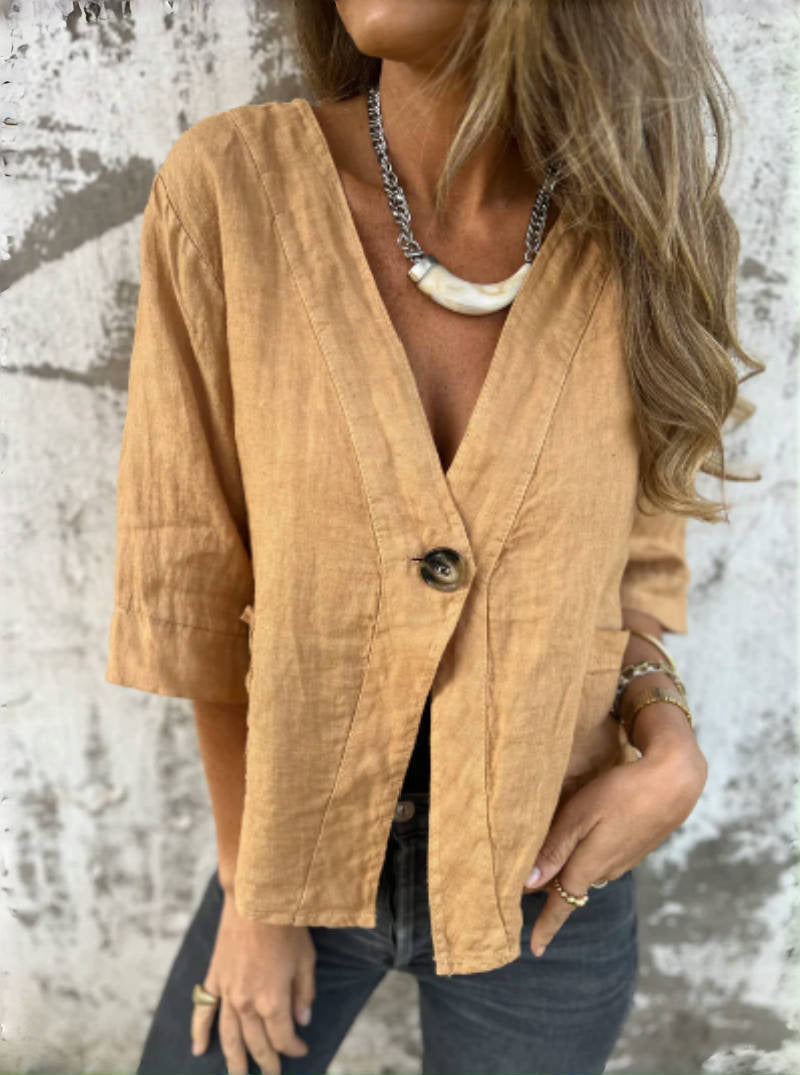 Street-Wave Light Linen Blazer For Women With Short Sleeves Breathable And Versatile Office To Weekend