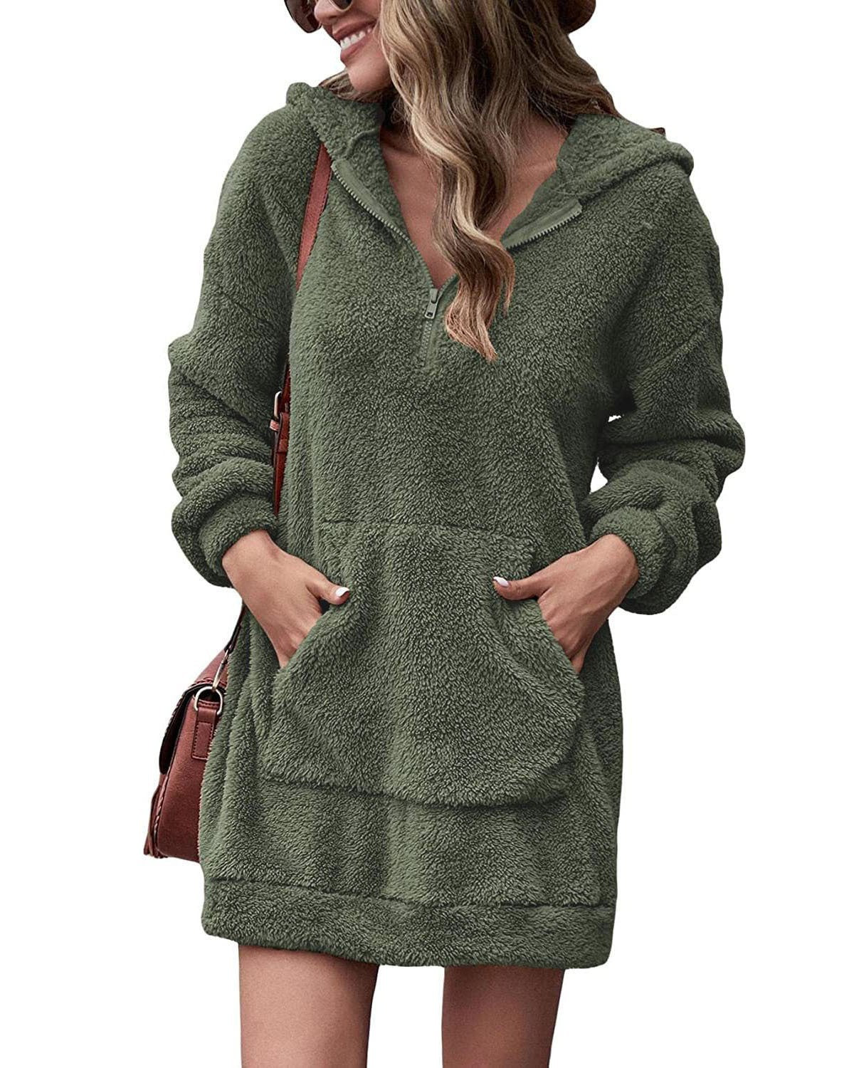 Street Wave Cozy Hoodie Dress For Women With Pockets And Half Zip Soft Comfort Everyday Wear