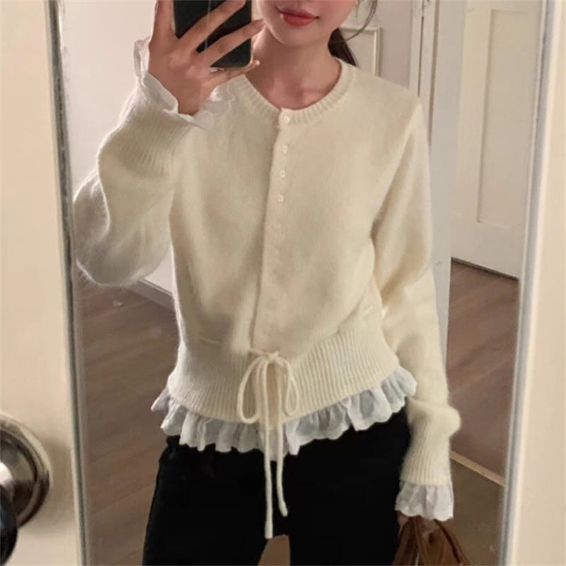 Street-Wave Women's Knit Cardigan With Ruffle Hem And Pearl Buttons, Elegant Chic Layer For Women