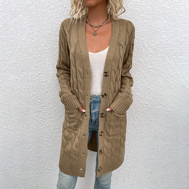 Street-Wave Cable Knit Cardigan for Women Longline with Pockets Cozy Chic Everyday