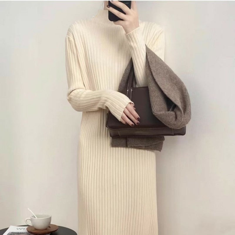 Street-Wave Women Knit Dress With High Collar And Ribbed Texture Cozy Elegant Winter Wear
