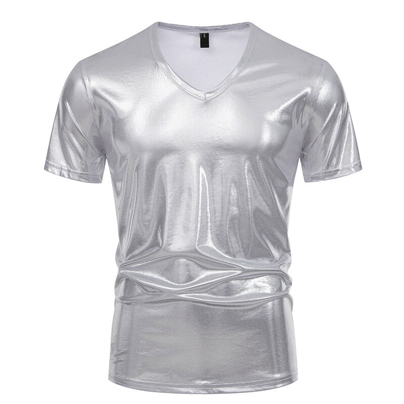 Street-wave Metallic V Neck T Shirt For Men Shiny Finish Party Wear All Day Comfort
