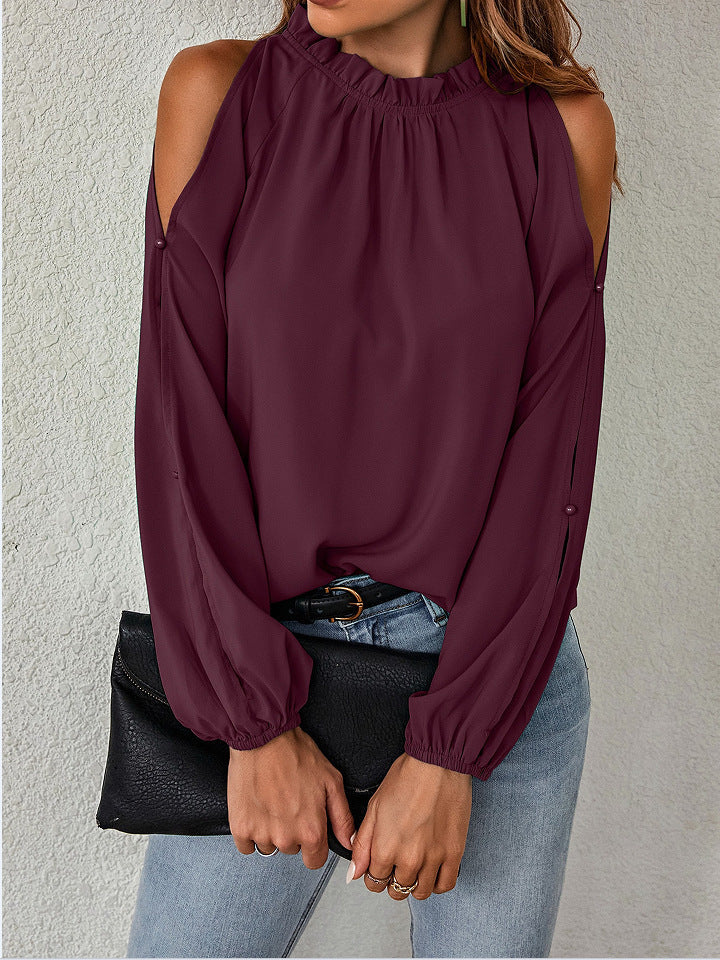 Womens Blouse Street-Wave With Cold Shoulder Details And Elastic Sleeves For Elegant Comfort