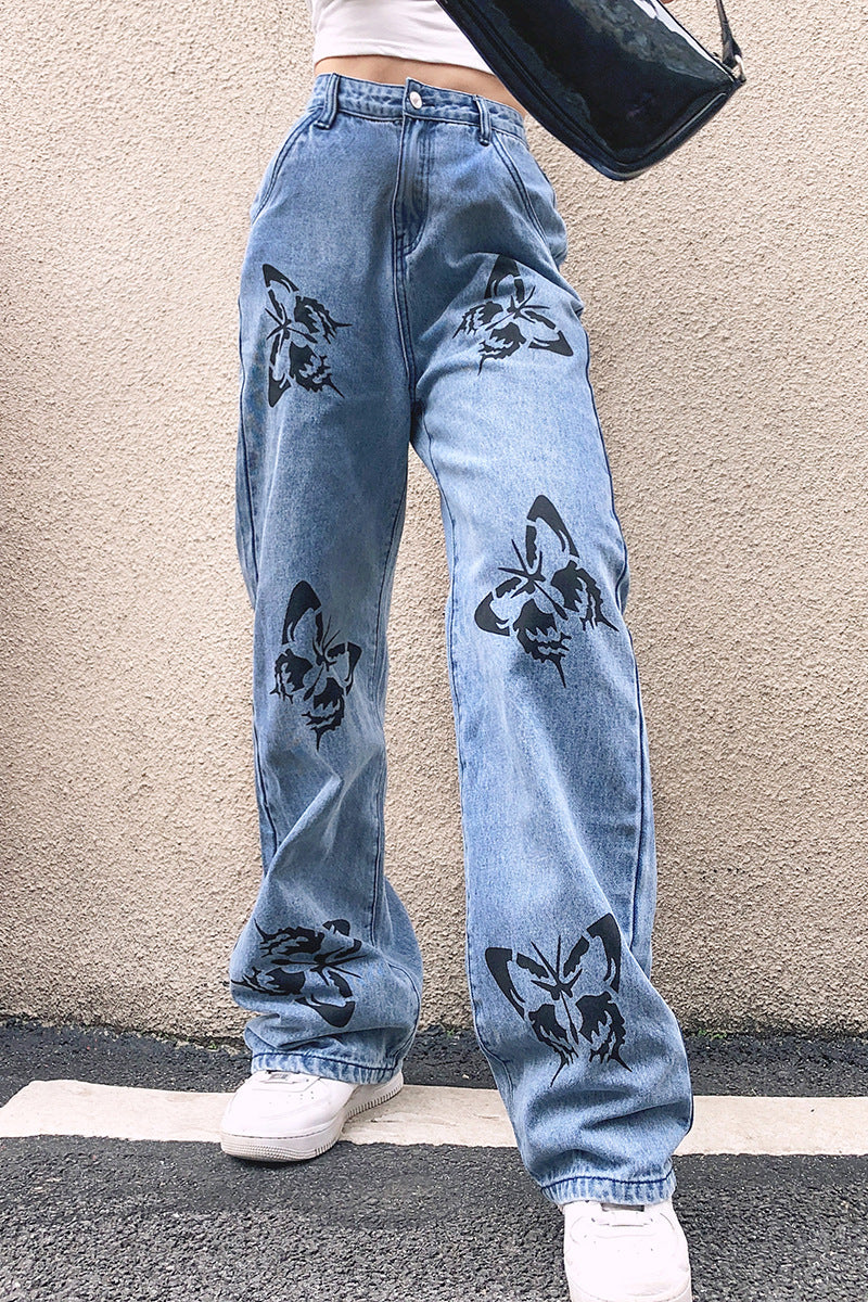 Street-Wave Women Wide Leg Jeans With Butterfly Print For Trendy Comfortable Fit