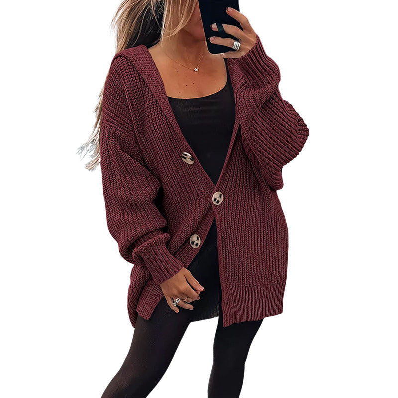 Street Wave Women's Oversized Knit Cardigan With Wooden Buttons Cozy Soft Comfort
