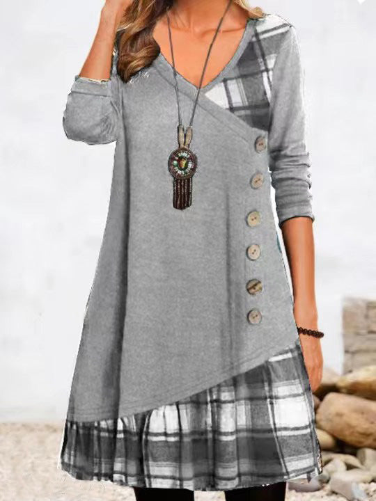 Street-Wave Women Plaid Long Sleeve Dress With Button Front And Asymmetric Hem For Everyday Wear