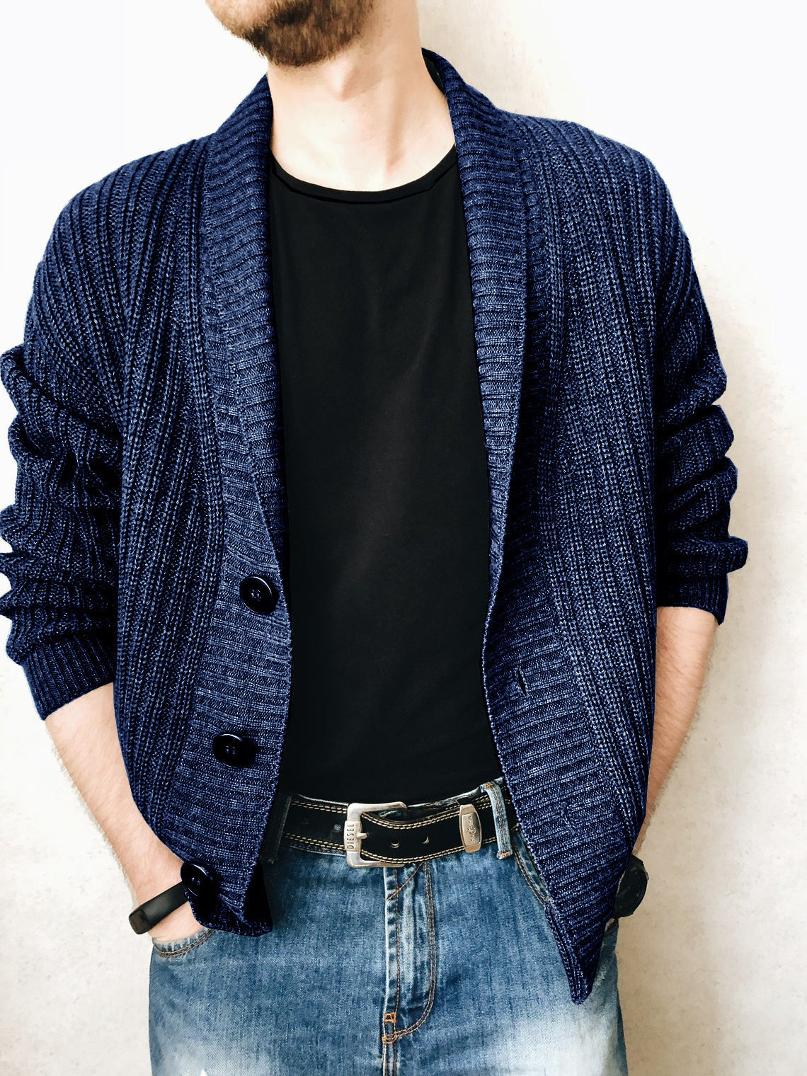 Street-Wave Mens Cardigan With Large Collar And Decorative Buttons Premium Cozy Knit