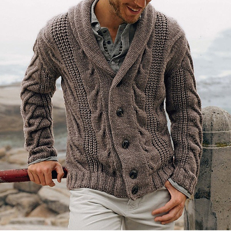 Street-wave Men's Cable Knit Cardigan With Chunky Pattern And Elegant Lapel For Style Conscious Men