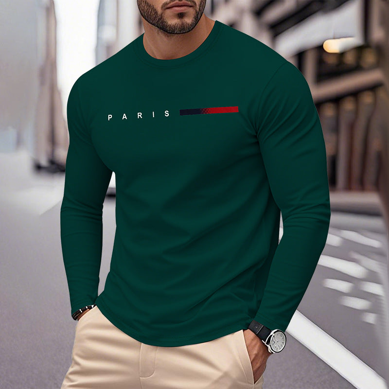 Street Wave Paris Print Long Sleeve Tee For Men With Elastic Hem And Breathable Cotton