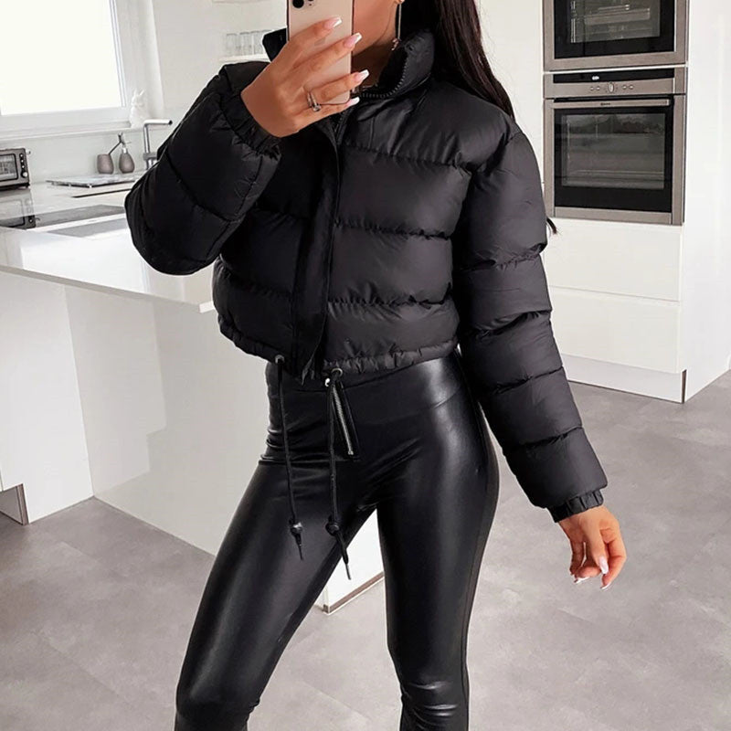 Street-wave Womens Short Puffer Jacket Trendy Insulated Coat With Drawstring Hem Cozy Comfort