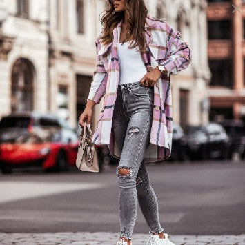 Street-Wave Women Plaid Overshirt Jacket With Practical Chest Pockets Soft Cotton Blend Casual Chic