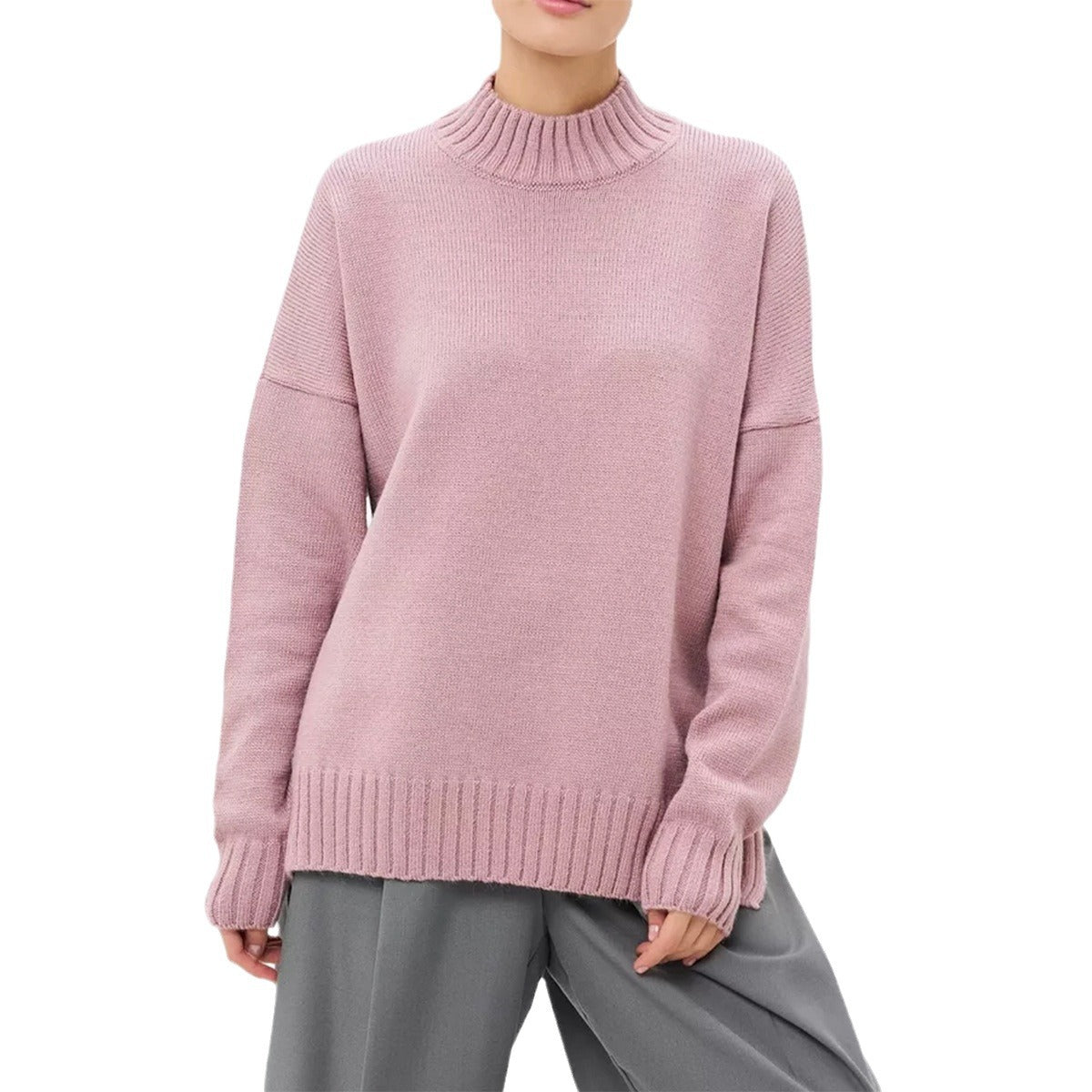Street Wave Oversized Ribbed Knit Pullover For Women With Effortless Dropped Shoulders And Semi High Neck
