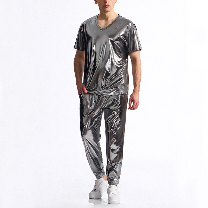 Street-Wave Men's Premium Shiny Metallic Sports Set With V-Neck Tee And Elastic Waistband
