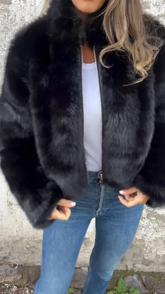 Street-Wave Faux Fur Zip Up Blazer With Stand Collar For Winter Women Warm Chic Outerwear