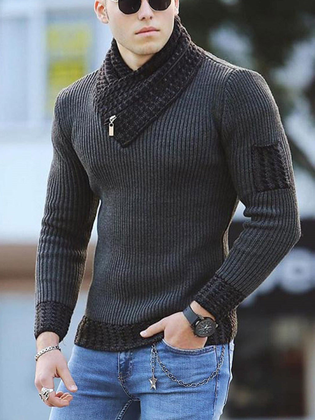 Street-wave Men's Pullover With Modern Asymmetric Collar And Structured Knit For Men, Ultra Comfort