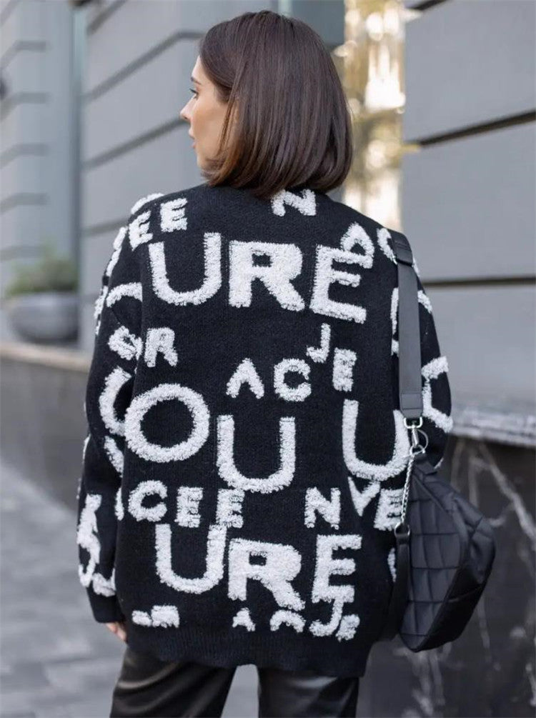 Street-wave Womens Oversized Knit Sweater With Bold Lettering For Casual Chic Comfort
