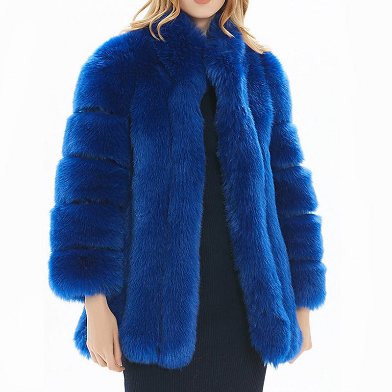 Street Wave Womens Faux Fur Coat Luxurious With Voluminous Sleeves And High Collar