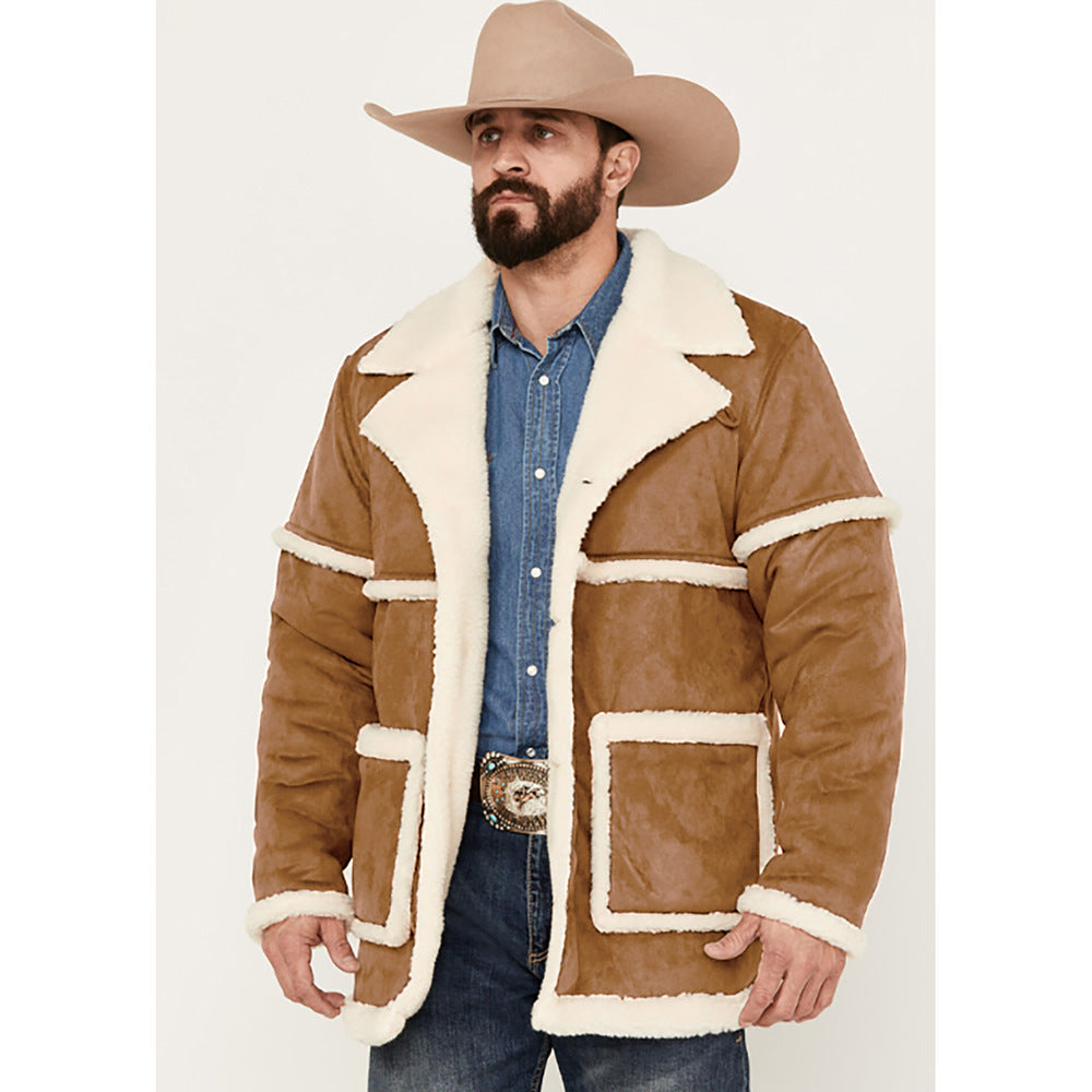 Street-Wave Mens Shearling Coat With Plush Lining Cozy Warmth And Large Front Pockets