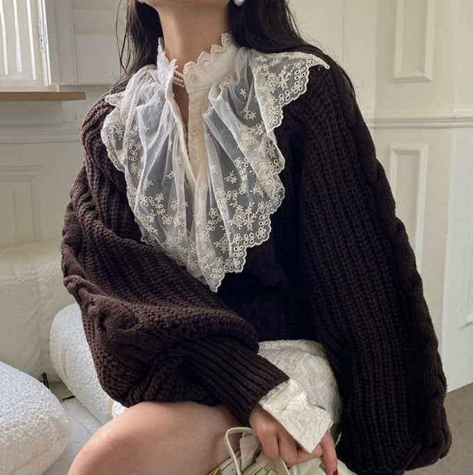 Street-Wave Cable Knit Sweater With Voluminous Sleeves And V Neck For Women Cozy Everyday Style