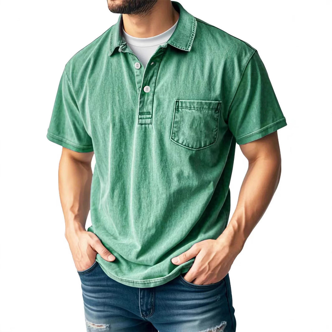 Street-Wave Mens Polo Shirt Green Relaxed Fit Short Sleeve Breathable Material Chest Pocket Casual Summer Top