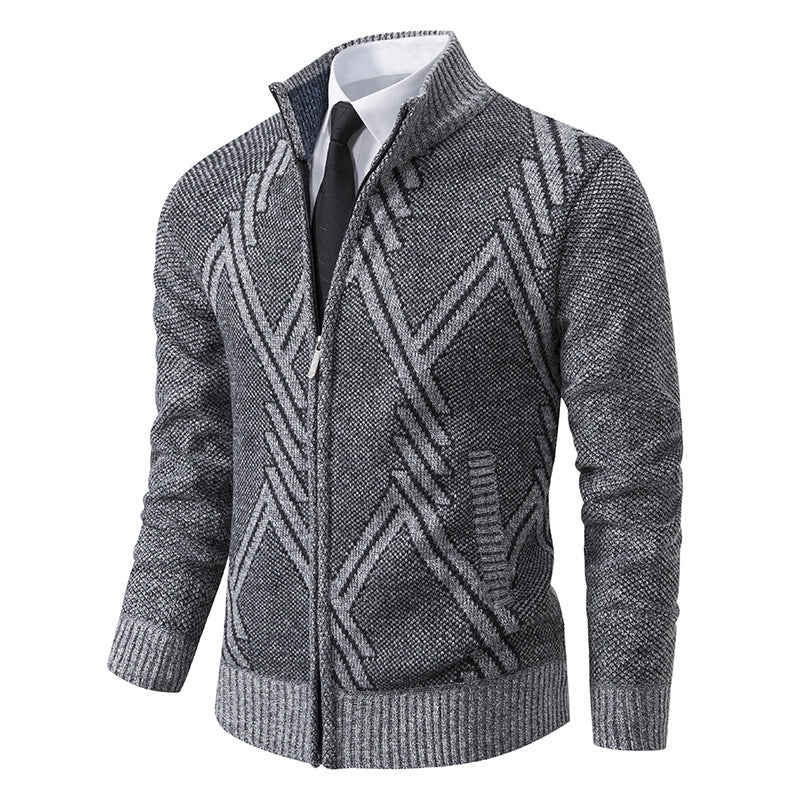 Street Wave Mens Geometric Knit Cardigan Modern Pattern Soft Comfort For Stylish Professionals