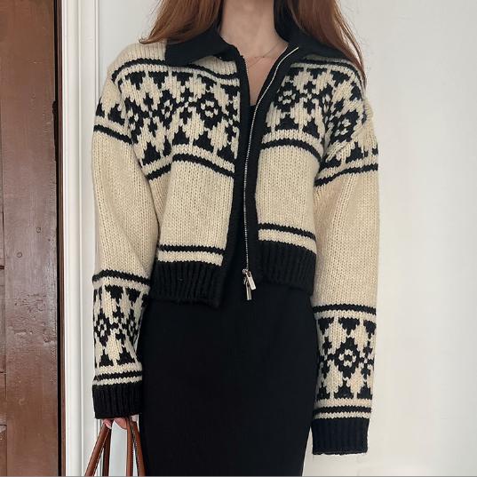 Streetwave Womens Floral Knit Cardigan With High Collar For Cool Days Premium Wool Warm