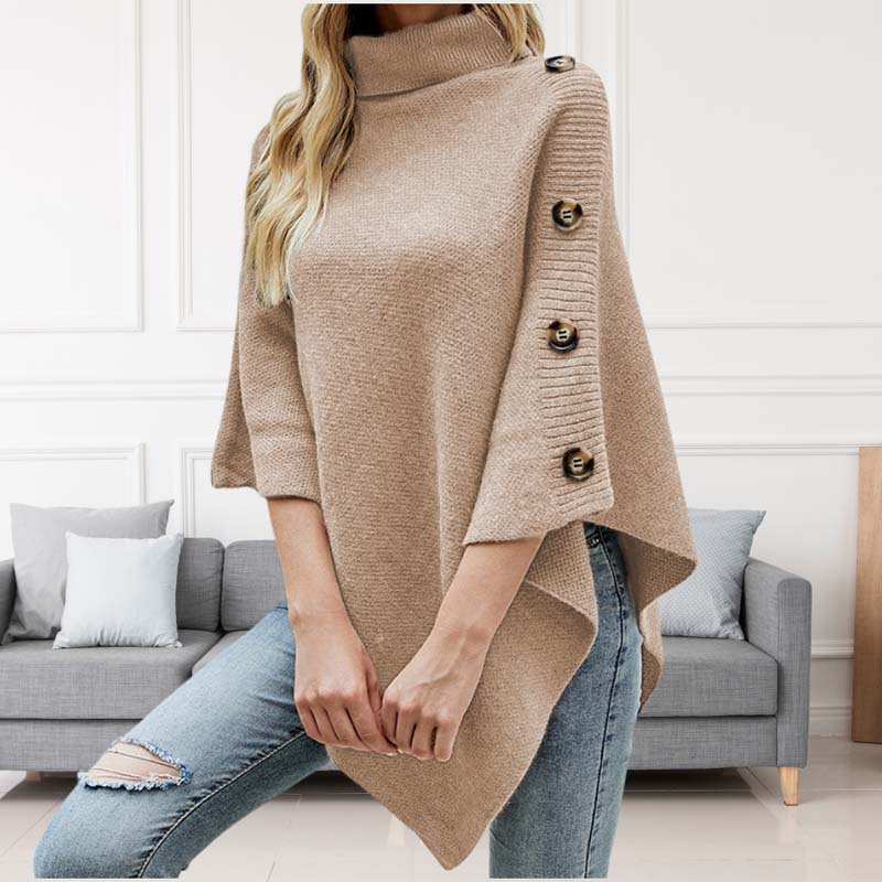 Street-Wave Cozy Elegant Poncho Sweater With Button Sleeve Details For Women Warm