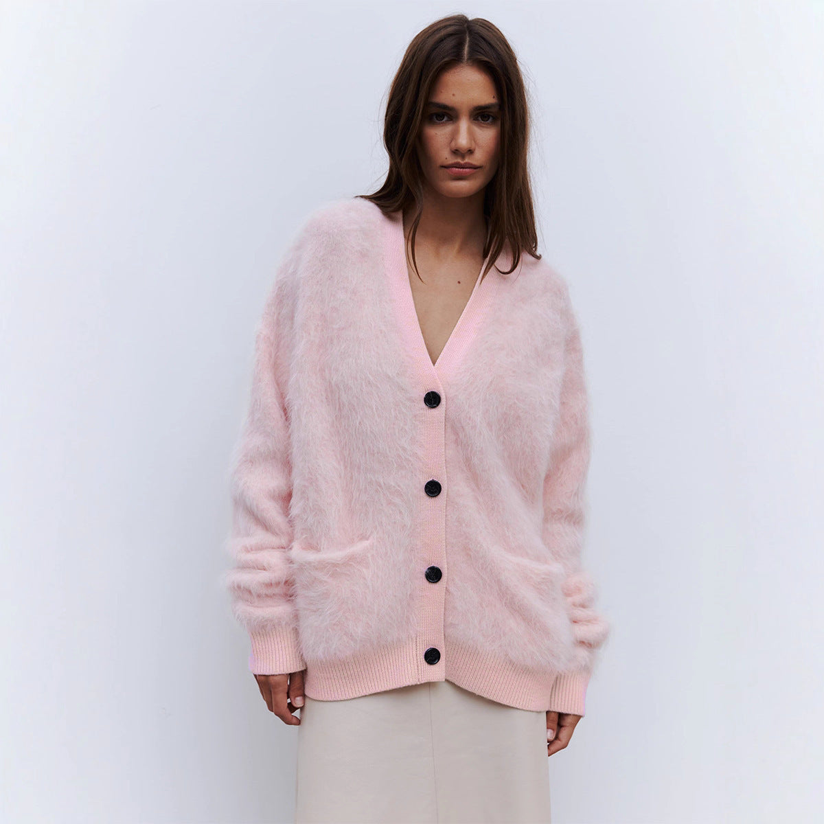Street Wave Pink Mohair Cardigan For Women Ultra Soft Cozy Knit With Button Front